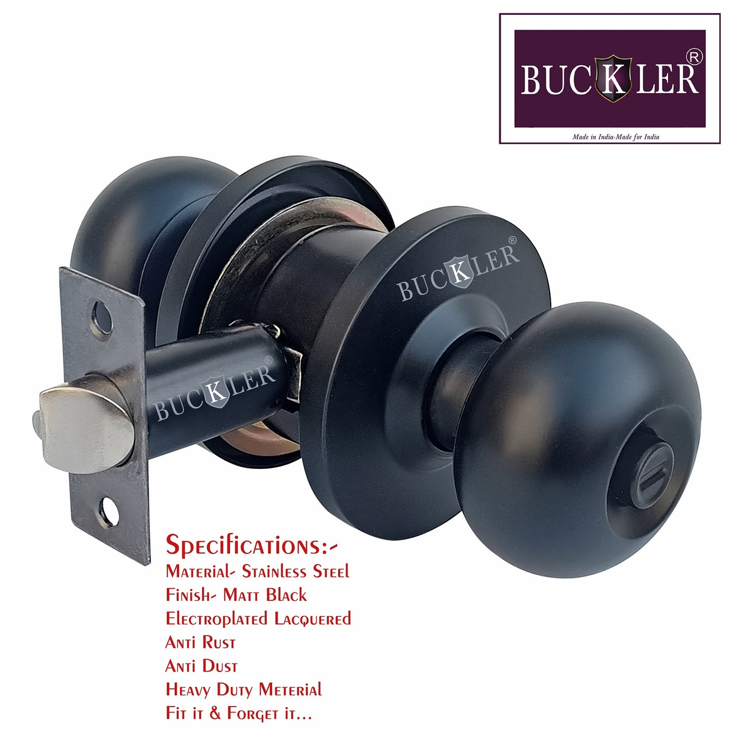 BUCKLER Premium Cylindrical Door Lock | Matt Black Finish Round Door Knob Lock with Keys | Heavy Duty Main Door & Room Door Security Lock