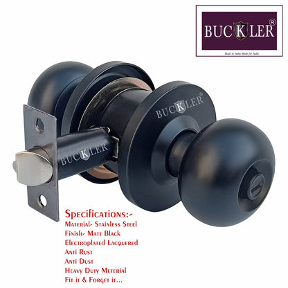 BUCKLER Premium Cylindrical Door Lock | Matt Black Finish Round Door Knob Lock with Keys | Heavy Duty Main Door & Room Door Security Lock