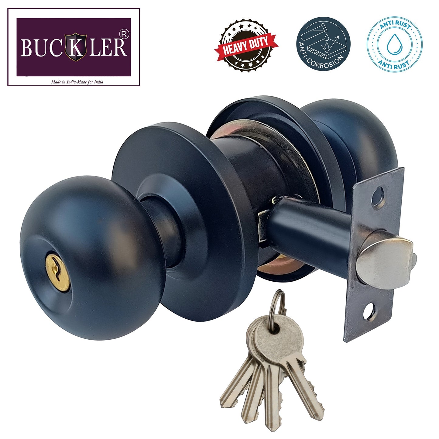 BUCKLER Premium Cylindrical Door Lock | Matt Black Finish Round Door Knob Lock with Keys | Heavy Duty Main Door & Room Door Security Lock