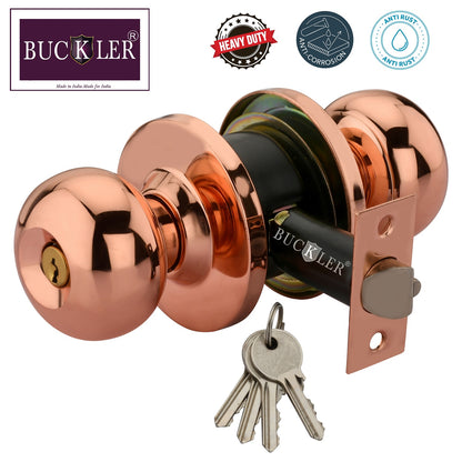 BUCKLER Premium Cylindrical Door Lock | Rose Gold Finish Round Door Knob Lock with Keys | Heavy Duty Main Door & Room Door Security Lock
