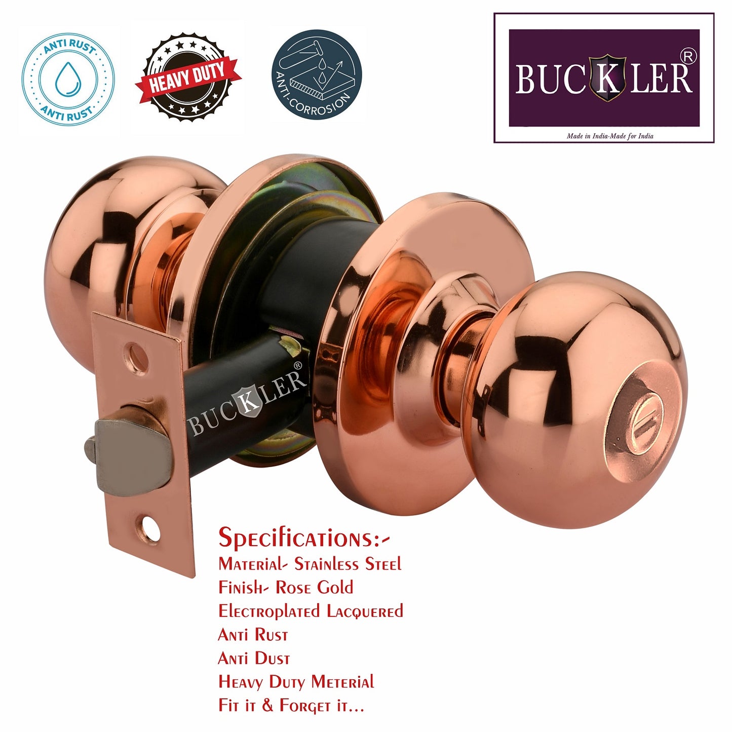 BUCKLER Premium Cylindrical Door Lock | Rose Gold Finish Round Door Knob Lock with Keys | Heavy Duty Main Door & Room Door Security Lock