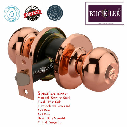 BUCKLER Premium Cylindrical Door Lock | Rose Gold Finish Round Door Knob Lock with Keys | Heavy Duty Main Door & Room Door Security Lock