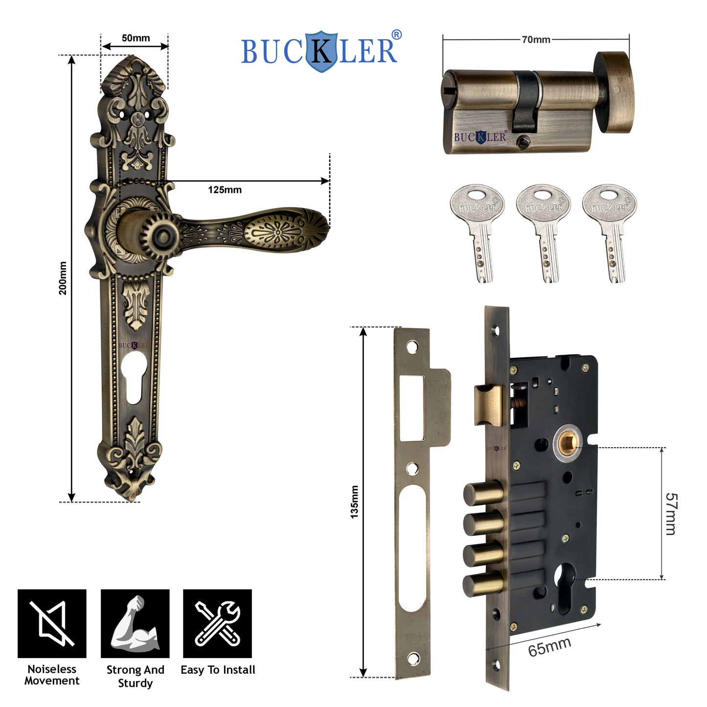 BUCKLER Premium Zinc Mortise Door Handle Lock | Antique Finish Designer Door Lock with 3 Keys | Heavy Duty Main Door Handle Set for Home & Office