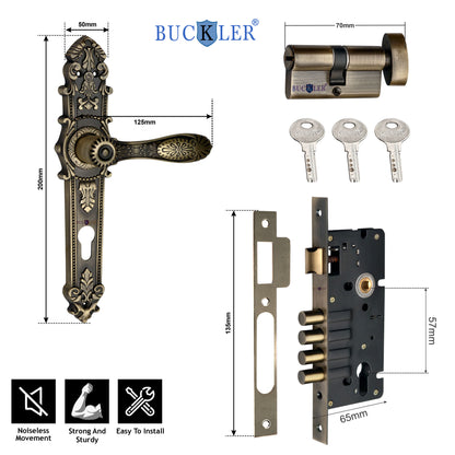 BUCKLER Premium Zinc Mortise Door Handle Lock | Antique Finish Designer Door Lock with 3 Keys | Heavy Duty Main Door Handle Set for Home & Office