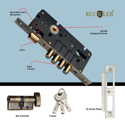 BUCKLER Premium Zinc Mortise Door Handle Lock | Antique Finish Designer Door Lock with 3 Keys | Heavy Duty Main Door Handle Set for Home & Office