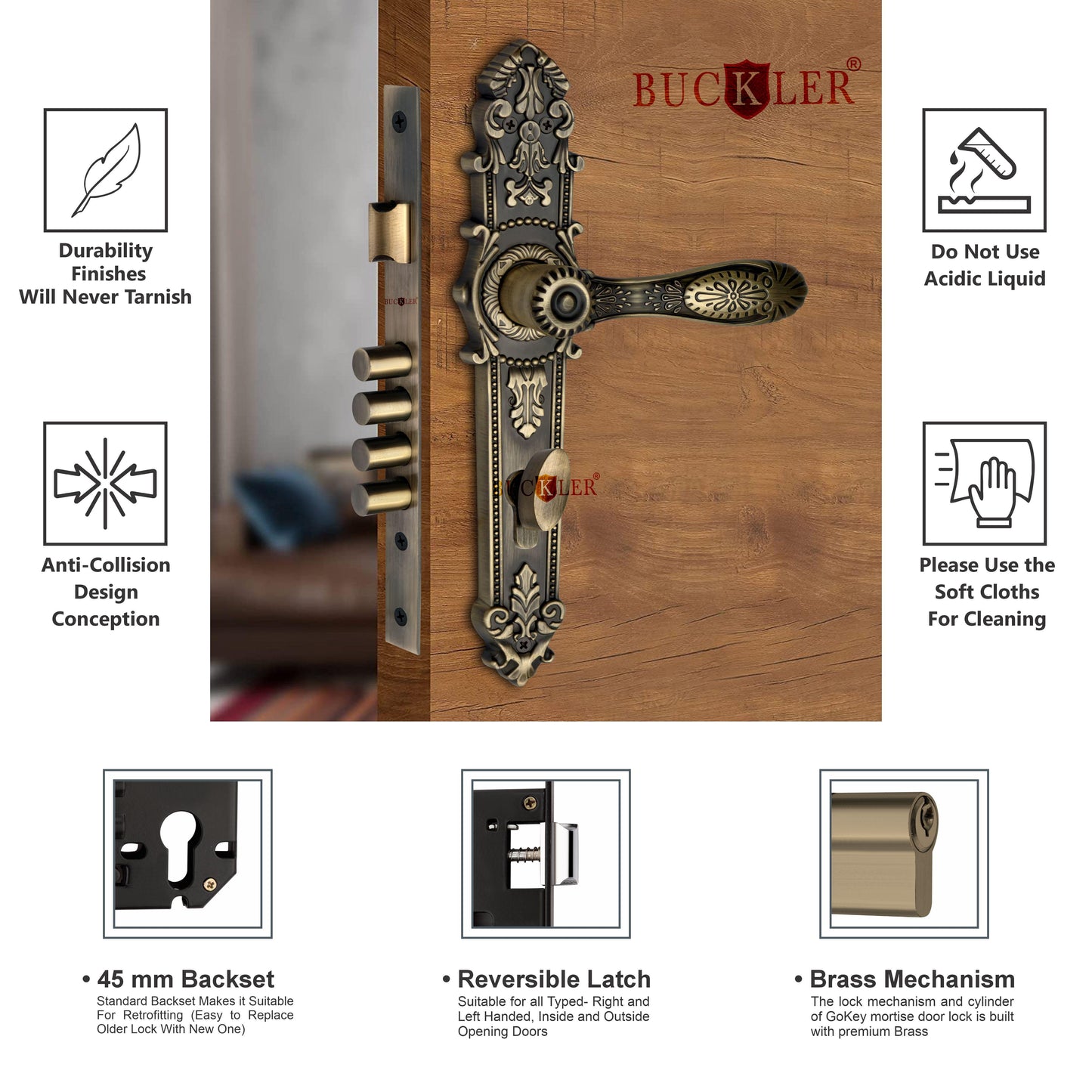 BUCKLER Premium Zinc Mortise Door Handle Lock | Antique Finish Designer Door Lock with 3 Keys | Heavy Duty Main Door Handle Set for Home & Office