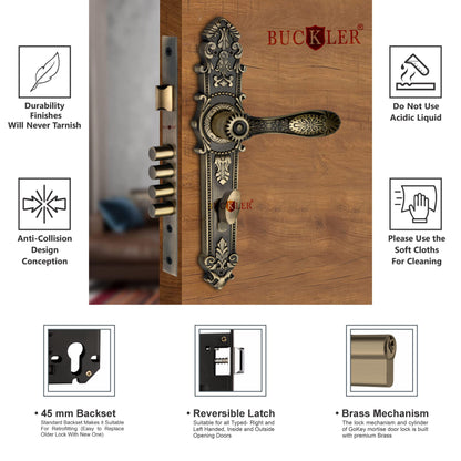 BUCKLER Premium Zinc Mortise Door Handle Lock | Antique Finish Designer Door Lock with 3 Keys | Heavy Duty Main Door Handle Set for Home & Office