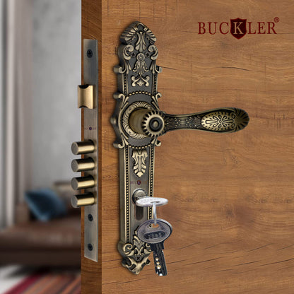BUCKLER Premium Zinc Mortise Door Handle Lock | Antique Finish Designer Door Lock with 3 Keys | Heavy Duty Main Door Handle Set for Home & Office